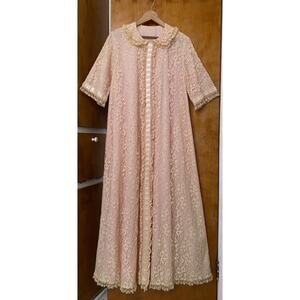 Odette Barsa Vintage Pink Lace Peignoir Robe Gown Lingerie 50s 60s Pinup Sz L